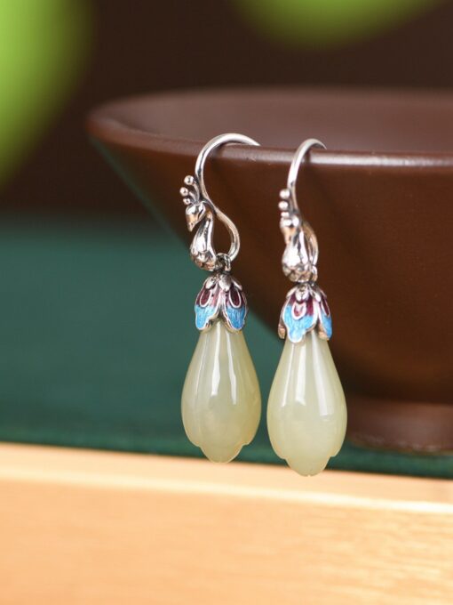 S925 Silver Blue Fire Han Jade Magnolia Flower Earrings - Item No: ES00627