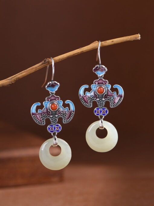 S925 Silver Vintage Cloisonné Bat & Hetian Jade Peace Pendant Elegant Chinese Style Earrings - Item No: ES00094