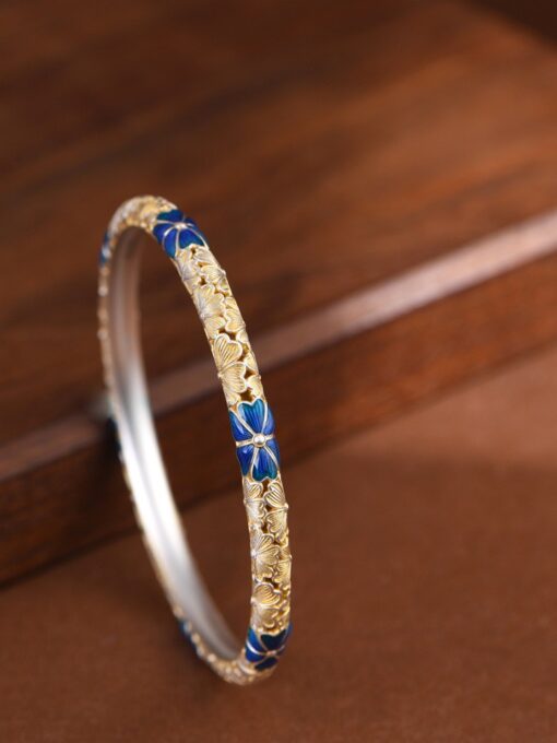 New Solid Silver Gold-Plated Hollow Sakura Blossom Bangle - Item No: SZ00859