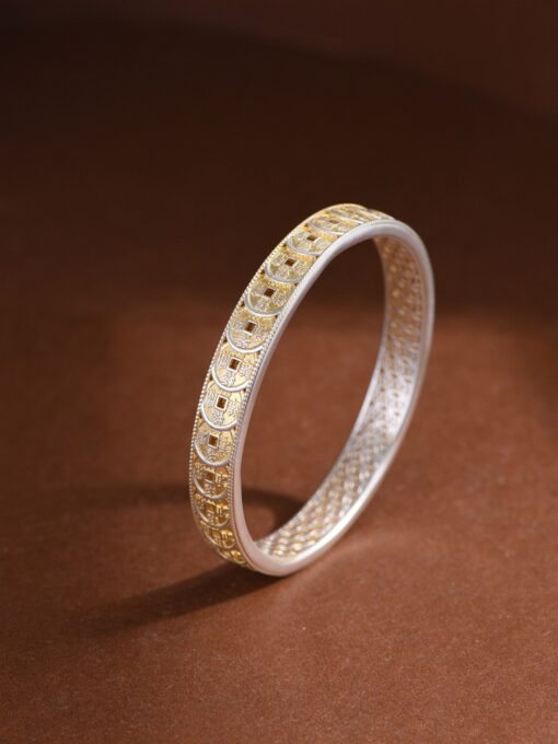 New Solid Silver Gold-Plated Wealth & Prosperity Coin Bangle - Item No: SZ00858